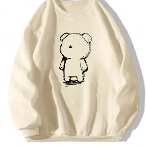 Ayı Desenli Düşük Omuz Büyük Beden Sweat Bej