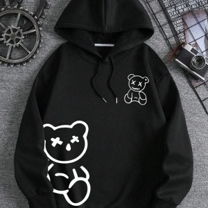 Ayıcık Baskılı 3 İplik Kapüşonlu Ünisex Oversize Sweatshirt Siyah