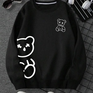 Ayıcık Baskılı Üç İplik Kalın Bisiklet Yaka Unisex Oversize Sweatshirt Siyah