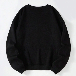 Ayıcık Baskılı Üç İplik Kalın Bisiklet Yaka Unisex Oversize Sweatshirt Siyah