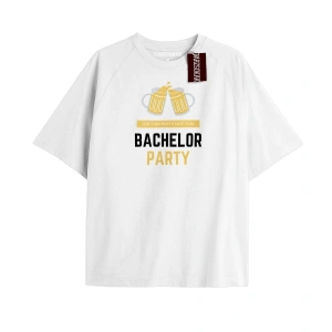 BACHELOR PARTY Unisex Oversize Yazılı Tshirt BEYAZ