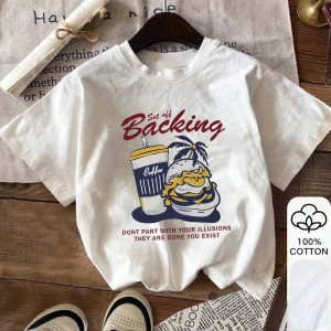 Backing & Hamburger Kahve Baskı, Yaz Kadın %100 Pamuk Kısa Kollu, Beyaz Kısa Kollu, Grafik Ti