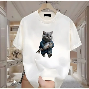 Balık Kedi Baskılı Beyaz Erkek