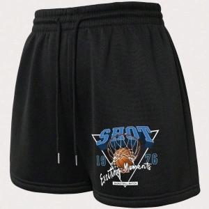 Basketball & Letter Graphic Drawstring Waist Şort