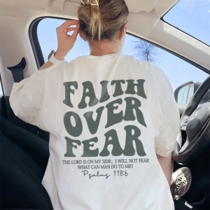 Bayan İlkbahar ve Yaz Yeni Stil Faith Over Fear Mektup Baskılı Günlük Rahat Yuvarlak Yaka Kıs