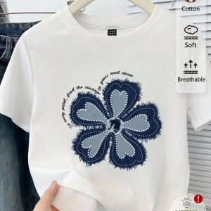 Bayan Renkli Harf Slogan Baskılı Moda ve Çok Yönlü Yuvarlak Yaka Kısa Kollu Tişört, Günlük Eğ