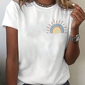 Bayan Yazlık Tatil Yuvarlak Yaka Kısa Kollu Tişört Slogan Baskılı Kadın Üstü.