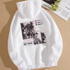 BE TRUE Renkli Oversize Kapüşonlu Sweatshirt Beyaz