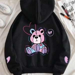 Bear And Heart Print Zip Up Lined Drawstring Hoodie Siyah