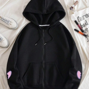 Bear And Heart Print Zip Up Lined Drawstring Hoodie Siyah