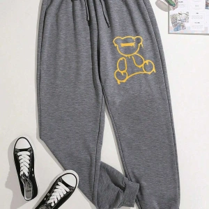 Bear Print Drawstring Waist 4 Mevsim Eşofman