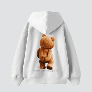 Bear Sırt Baskılı Oversize Unisex Beyaz