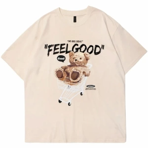 Bej Feel Good Ayı Baskılı Oversize Bisiklet Yaka Erkek Tişört