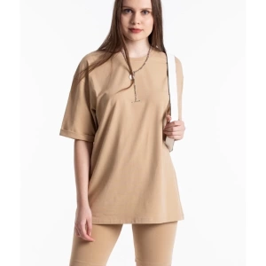 Bej Renkli, Düz, Kısa Kollu Boyfriend Örme T-shirt