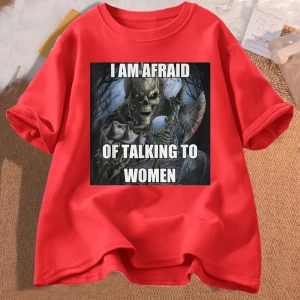 Ben kadın t-shirt erkek pamuk kısa kollu Tees ile konuşmaktan korkuyorum komik sert iskelet M 3016