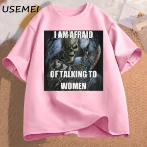 Ben kadın t-shirt erkek pamuk kısa kollu Tees ile konuşmaktan korkuyorum komik sert iskelet M 3016