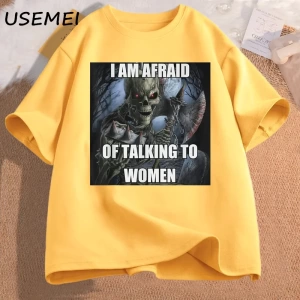 Ben kadın t-shirt erkek pamuk kısa kollu Tees ile konuşmaktan korkuyorum komik sert iskelet M 3016