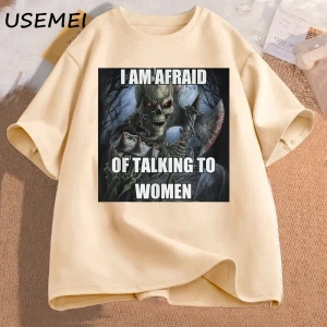 Ben kadın t-shirt erkek pamuk kısa kollu Tees ile konuşmaktan korkuyorum komik sert iskelet M 3016