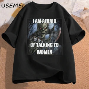 Ben kadın t-shirt erkek pamuk kısa kollu Tees ile konuşmaktan korkuyorum komik sert iskelet M 3016