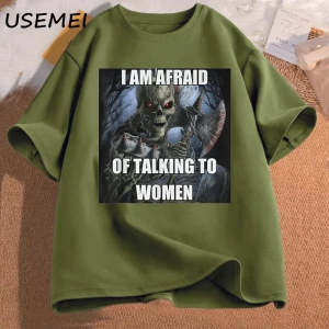 Ben kadın t-shirt erkek pamuk kısa kollu Tees ile konuşmaktan korkuyorum komik sert iskelet M 3016