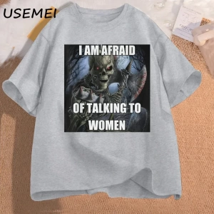 Ben kadın t-shirt erkek pamuk kısa kollu Tees ile konuşmaktan korkuyorum komik sert iskelet M 3016