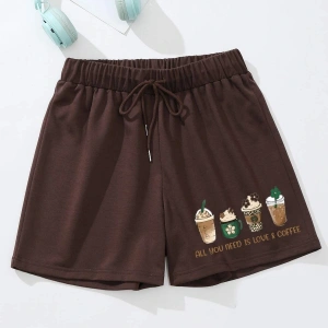 Beverage & Slogan Graphic Drawstring Waist Şort