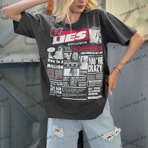 Beyaz Arka Baskılı Over Fit Kadın Tişört