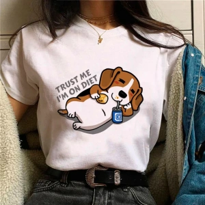 Beyaz Beagle üst streetwear tasarımcı kıyafetleri baskı yuvarlak boyun