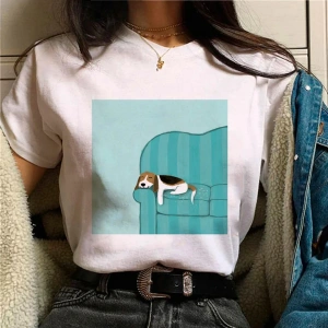 Beyaz Beagle üst streetwear tasarımcı kıyafetleri baskı yuvarlak boyun