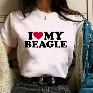 Beyaz Beagle üst streetwear tasarımcı kıyafetleri baskı yuvarlak boyun