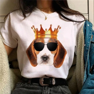 Beyaz Beagle üst streetwear tasarımcı kıyafetleri baskı yuvarlak boyun