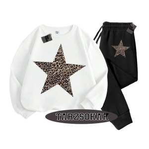 Beyaz Biskilet Leopar Yıldız Detaylı ikili TAKIM