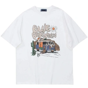 Beyaz Blue Doin Baskılı Oversize Bisiklet Yaka Erkek Tişört