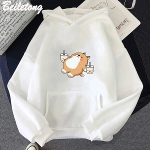 Beyaz Boba Çay Hoodie Sevimli KöpekBüyük Boy Karikatür Hoodie Kawaii