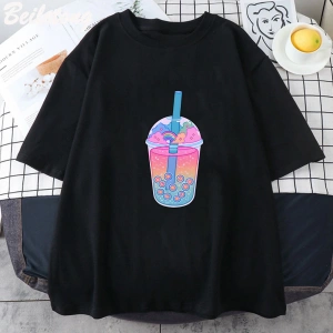 Beyaz Boba çayı baskı Harajuku siyah