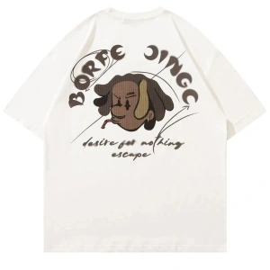 Beyaz Borfe Baskılı Bisiklet Yaka Oversize Erkek Tişört