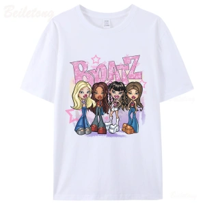 Beyaz Bratz Y2k 2000 Karikatür Baskı Harajuku Pembe Üstleri Yaz