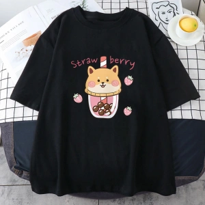 Beyaz Çilek Süt Karikatür baskılı Yumuşak Bahar Ropa Mujer Kı