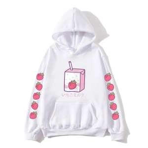 Beyaz Çilek Süt KarikatürHoodies Kawaii için