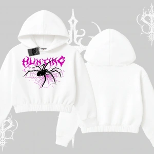 Beyaz Crop Kapşonlu Sweatshirt Autumn Spider