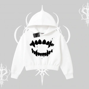 Beyaz Crop Kapşonlu Sweatshirt Vampir Dış