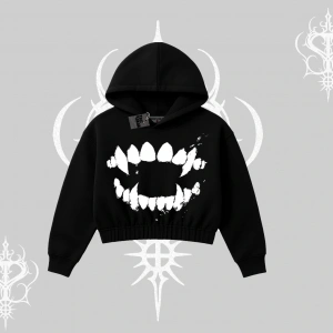 Beyaz Crop Kapşonlu Sweatshirt Vampir Dış