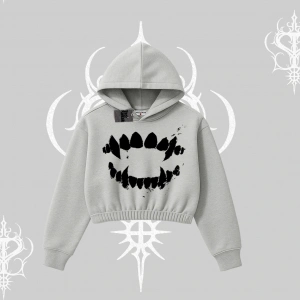 Beyaz Crop Kapşonlu Sweatshirt Vampir Dış