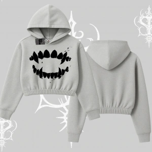 Beyaz Crop Kapşonlu Sweatshirt Vampir Dış