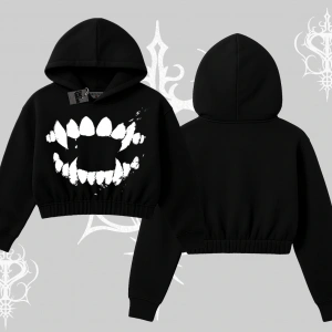 Beyaz Crop Kapşonlu Sweatshirt Vampir Dış
