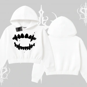 Beyaz Crop Kapşonlu Sweatshirt Vampir Dış