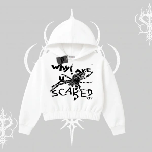 Beyaz Crop Kapşonlu Sweatshirt Why are u Scared