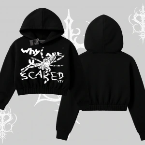 Beyaz Crop Kapşonlu Sweatshirt Why are u Scared