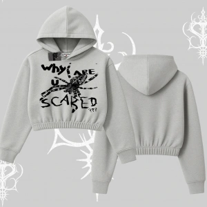 Beyaz Crop Kapşonlu Sweatshirt Why are u Scared