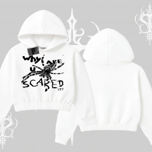 Beyaz Crop Kapşonlu Sweatshirt Why are u Scared
